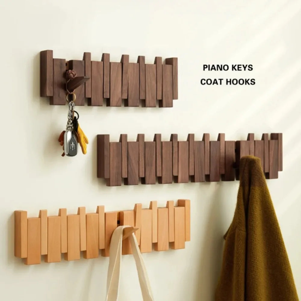 New Wall Mounted Wood Coat Racks with 8 Hooks Art Hats Organizer Piano Key Shaped Entry Door Porch Hanging Hook Keys