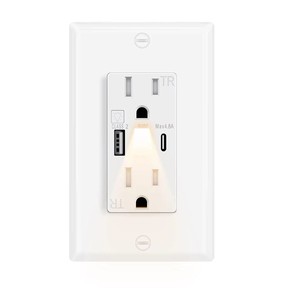 Night Lights Dual US Wall Outlet USB Type-C Fast Charge LED Guide 15A Electrical Socket Home Kitchen Bedroom Appliance