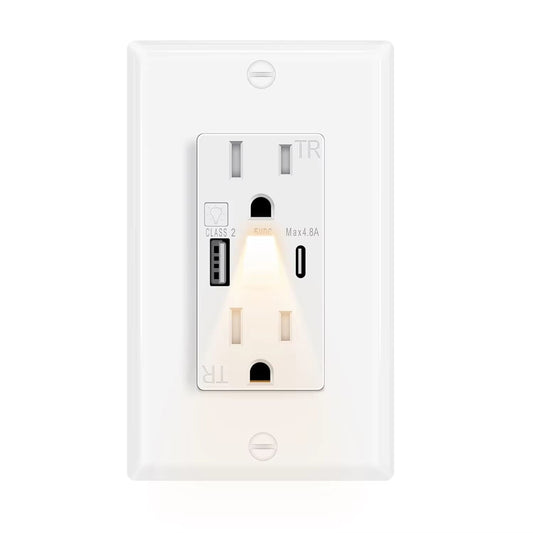 Night Lights Dual US Wall Outlet USB Type-C Fast Charge LED Guide 15A Electrical Socket Home Kitchen Bedroom Appliance