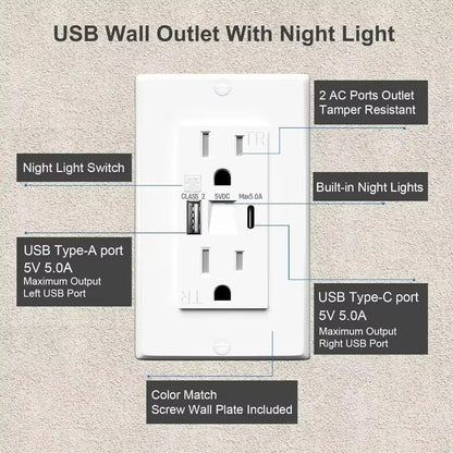Night Lights Dual US Wall Outlet USB Type-C Fast Charge LED Guide 15A Electrical Socket Home Kitchen Bedroom Appliance