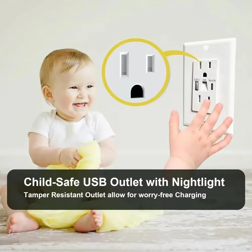 Night Lights Dual US Wall Outlet USB Type-C Fast Charge LED Guide 15A Electrical Socket Home Kitchen Bedroom Appliance