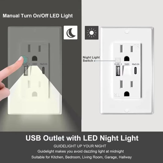 Night Lights Dual US Wall Outlet USB Type-C Fast Charge LED Guide 15A Electrical Socket Home Kitchen Bedroom Appliance